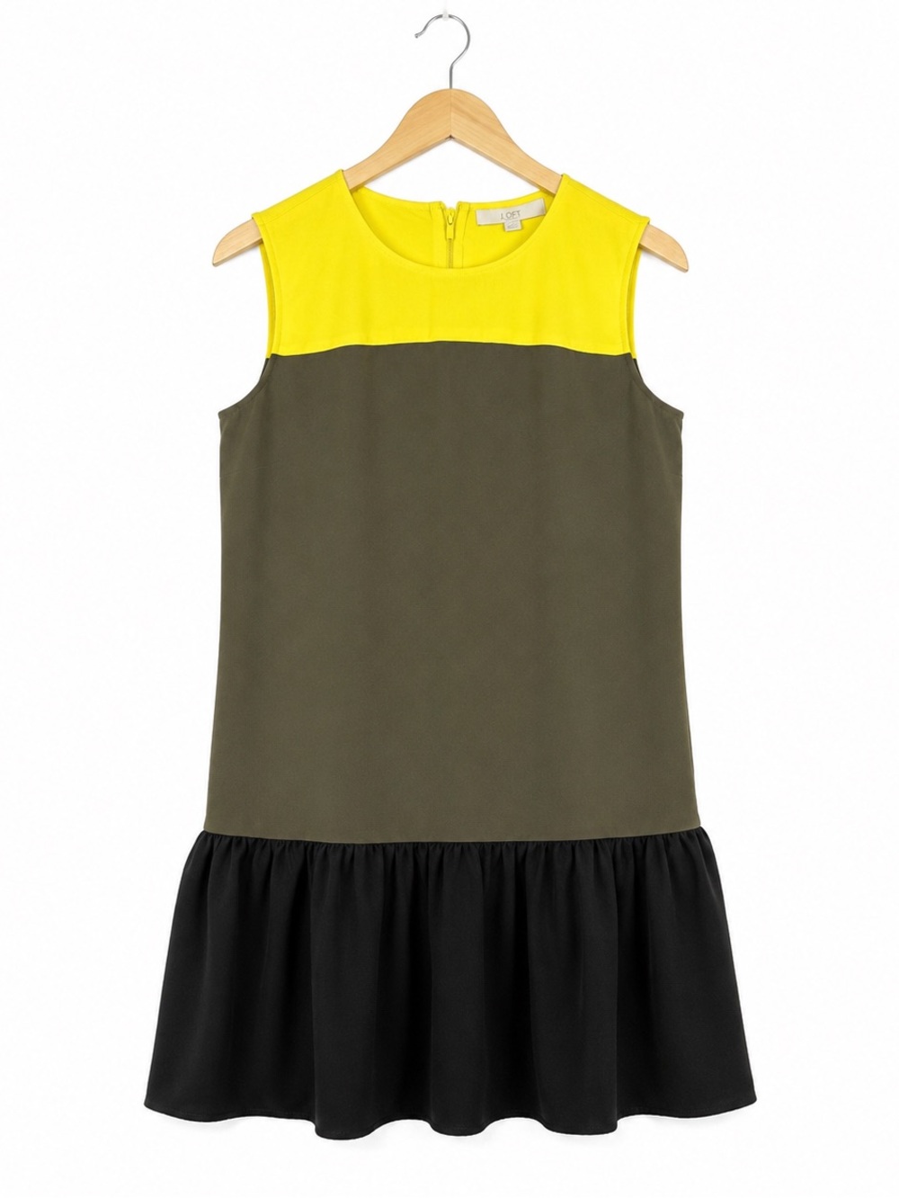 LOFT Colorblock Drop Waist Dress Size 4 Yellow Olive Black Ruffle Hem Sleeveless